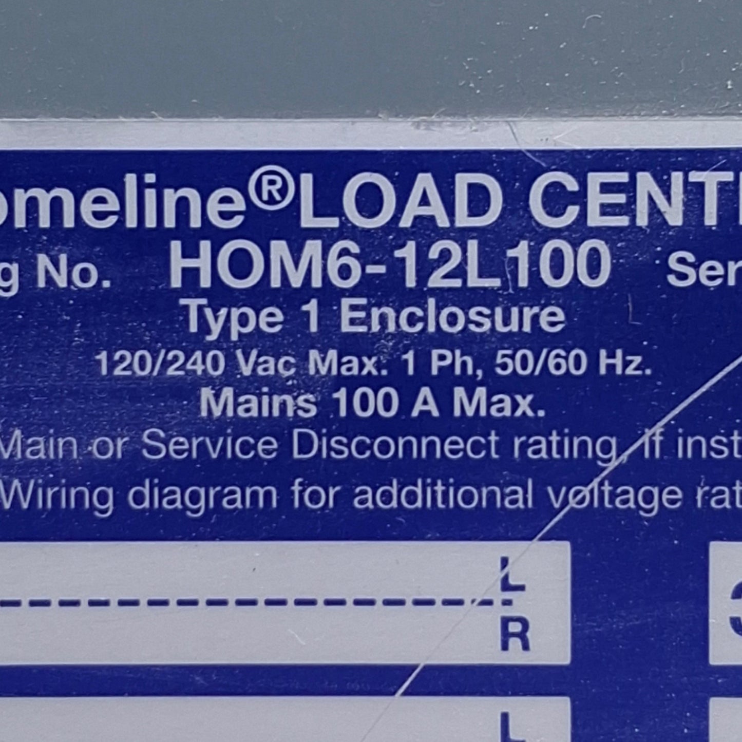 Used Square D HOM612L100 Load Center 120/240VAC, 100A, 1 Phase, 6 Spaces, NEMA 1