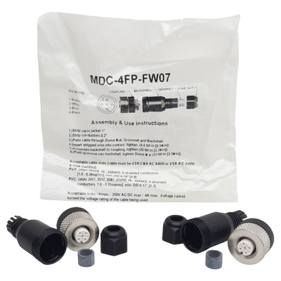 New Lot of 2 Mencom MDC-4FP-FW07 Connector 4P M12 Female 250VAC/DC 4A, 3-6.5mm Range