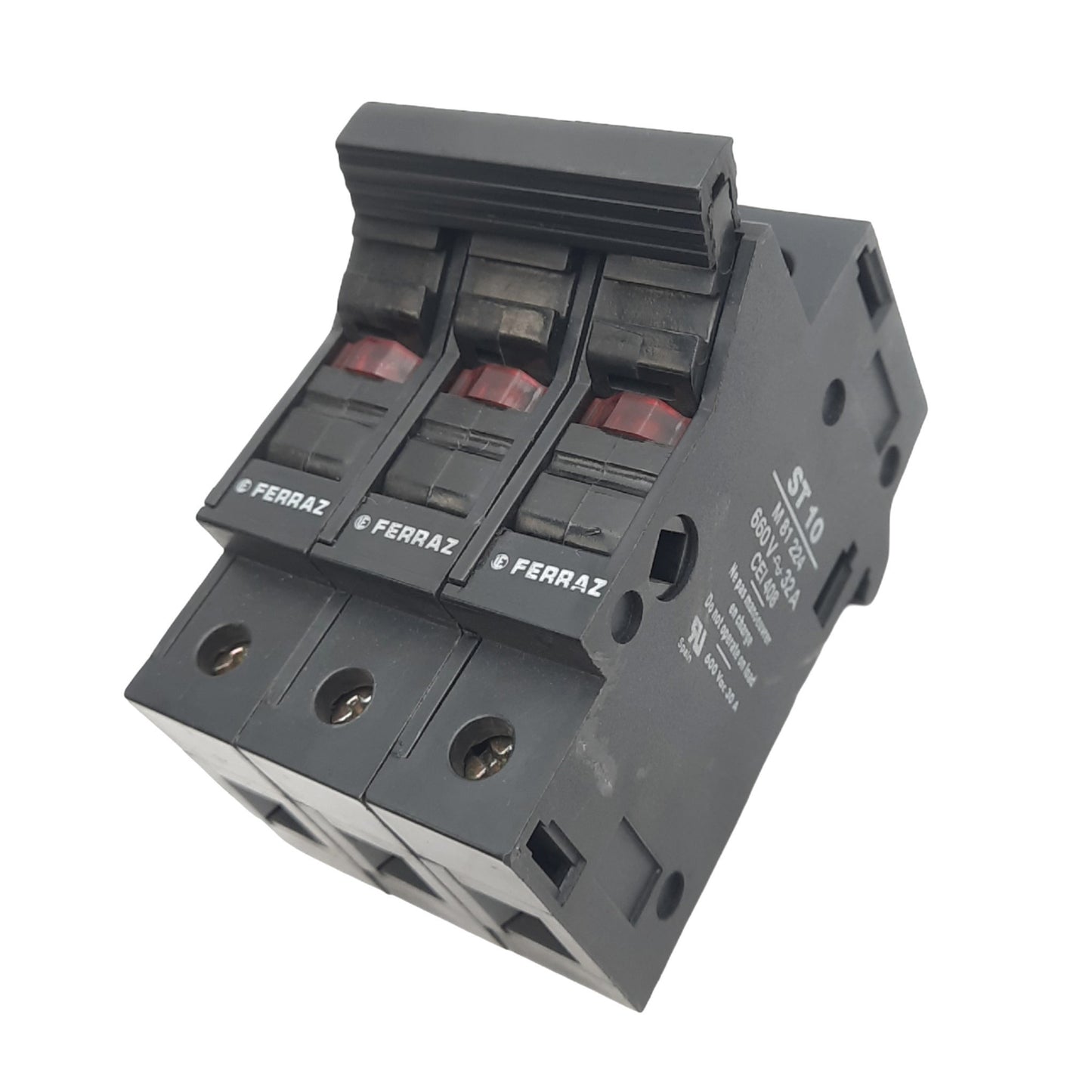 Used Ferraz Shawmut ST10-3 M81224 Midget Fuse Holder, 3-Pole, 660VAC 32A Max