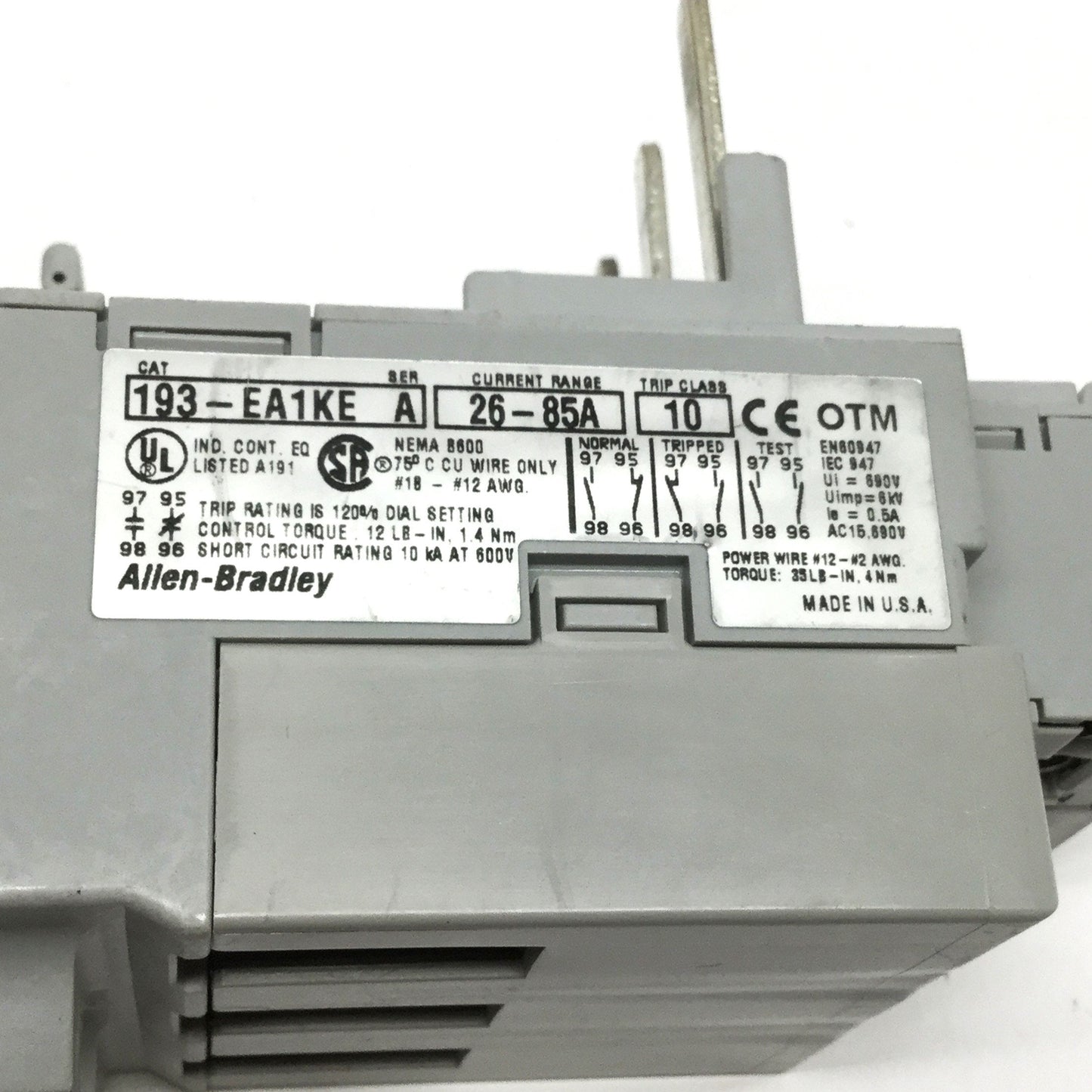 Used Allen Bradley 193-EA1KE Electronic Overload Relay, 26-85A, 3PH 600VAC, Class 10