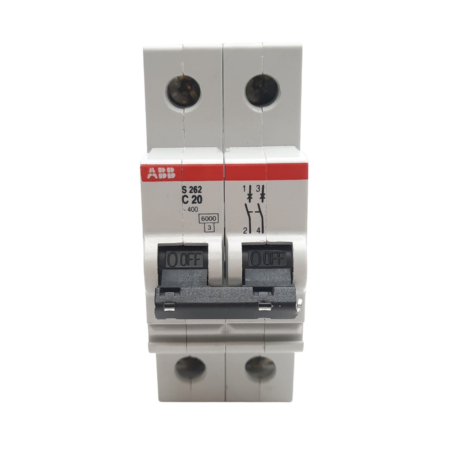 Used ABB S262-C20 Circuit Breaker, 2-Pole, 20A, 277/480VAC Max, DIN Rail Mount