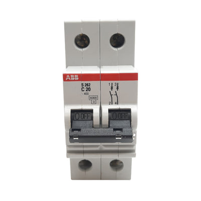Used ABB S262-C20 Circuit Breaker, 2-Pole, 20A, 277/480VAC Max, DIN Rail Mount
