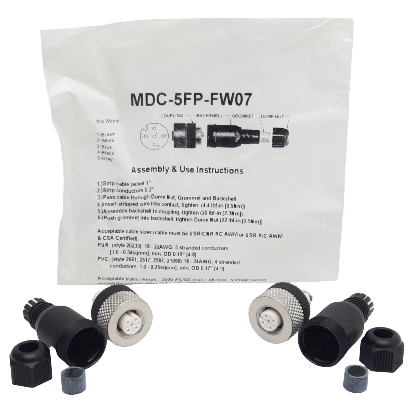 New Lot of 2 Mencom MDC-5FP-FW07 Connector, 5-Pin M12 F, 50VAC/DC 4A, 3-6.5mm Range
