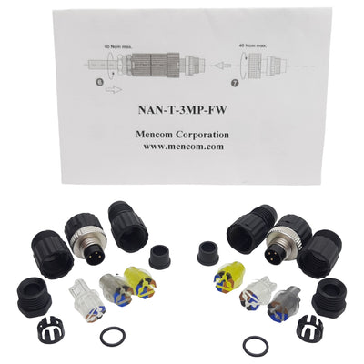 New Lot of 2 Mencom NAN-T-3MP-FW Connector, 3-Pin M8 Male, 60VAC/DC 3A, 4-5mm Range
