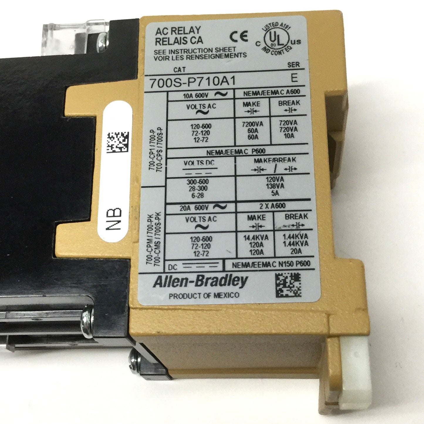 New – Open box Allen Bradley 700S-P710A1 Ser E Safety Control Relay 7NO-1NC, 110/120VAC Coil