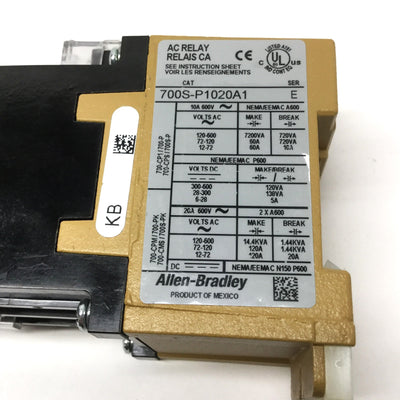 New – Open box Allen Bradley 700S-P1020A1 Ser E Safety Control Relay 10NO-2NC, 110/120VAC Coil