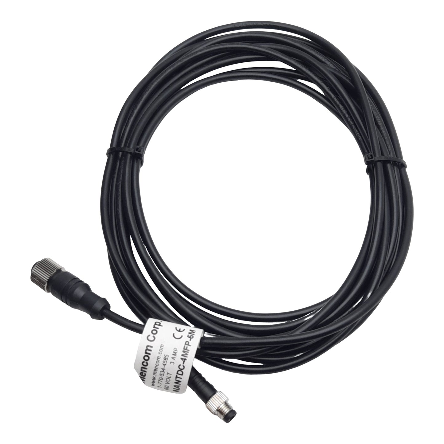 Used Mencom NANTDC-4MFP-5M Cordset, 4-Pin M12 F to 4-Pin M8 M, 60VAC/DC 4A, 5m