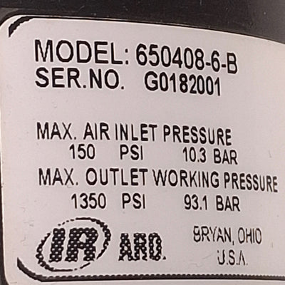 Used ARO 650408-6-B Two-Ball Pump 4" Stroke, 0-150psi Air Inlet, 0-1,350psi Fluid