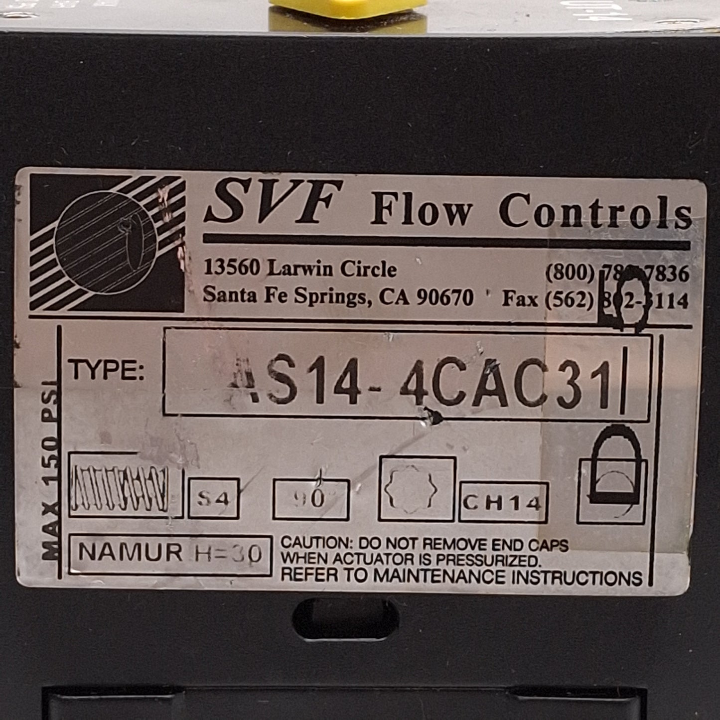 Used SVF Flow Controls AS14-4CAC31 Pneumatic Spring Return Actuator 90° 1/4NPT 120PSI