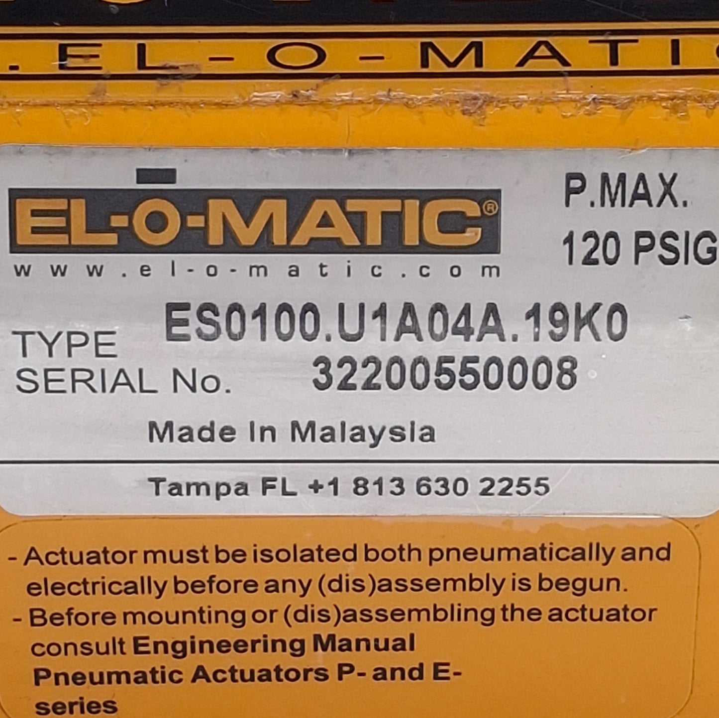 Used El-O-Matic ES0100.U1A04A.19K0 Single Acting Pneumatic Actuator 120PSIG, 1/4" NPT