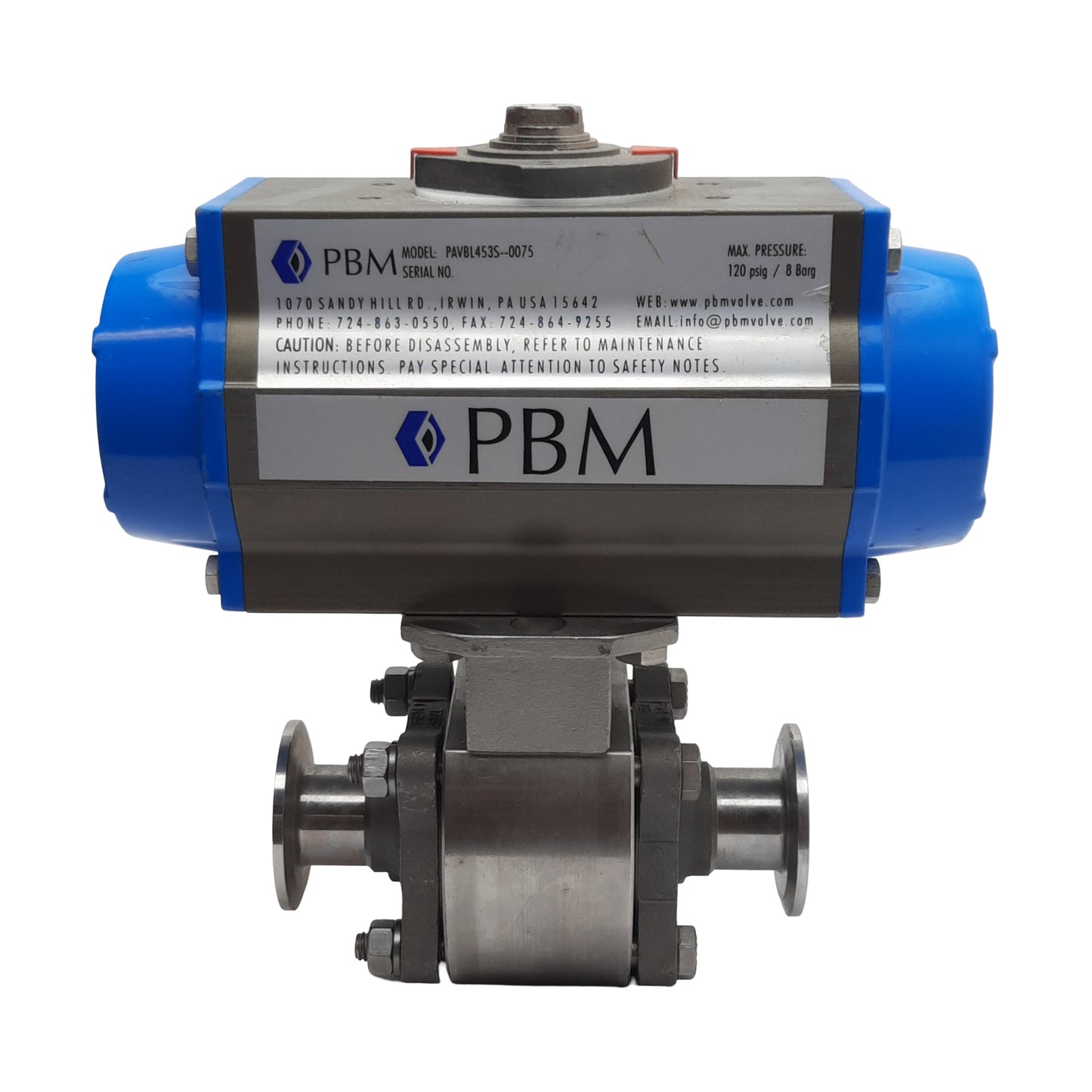 Used PBM PAVBL453S-0075 SIC-E5X-D-34 Actuator & Ball Valve, ø1in Tube, 120psi Max