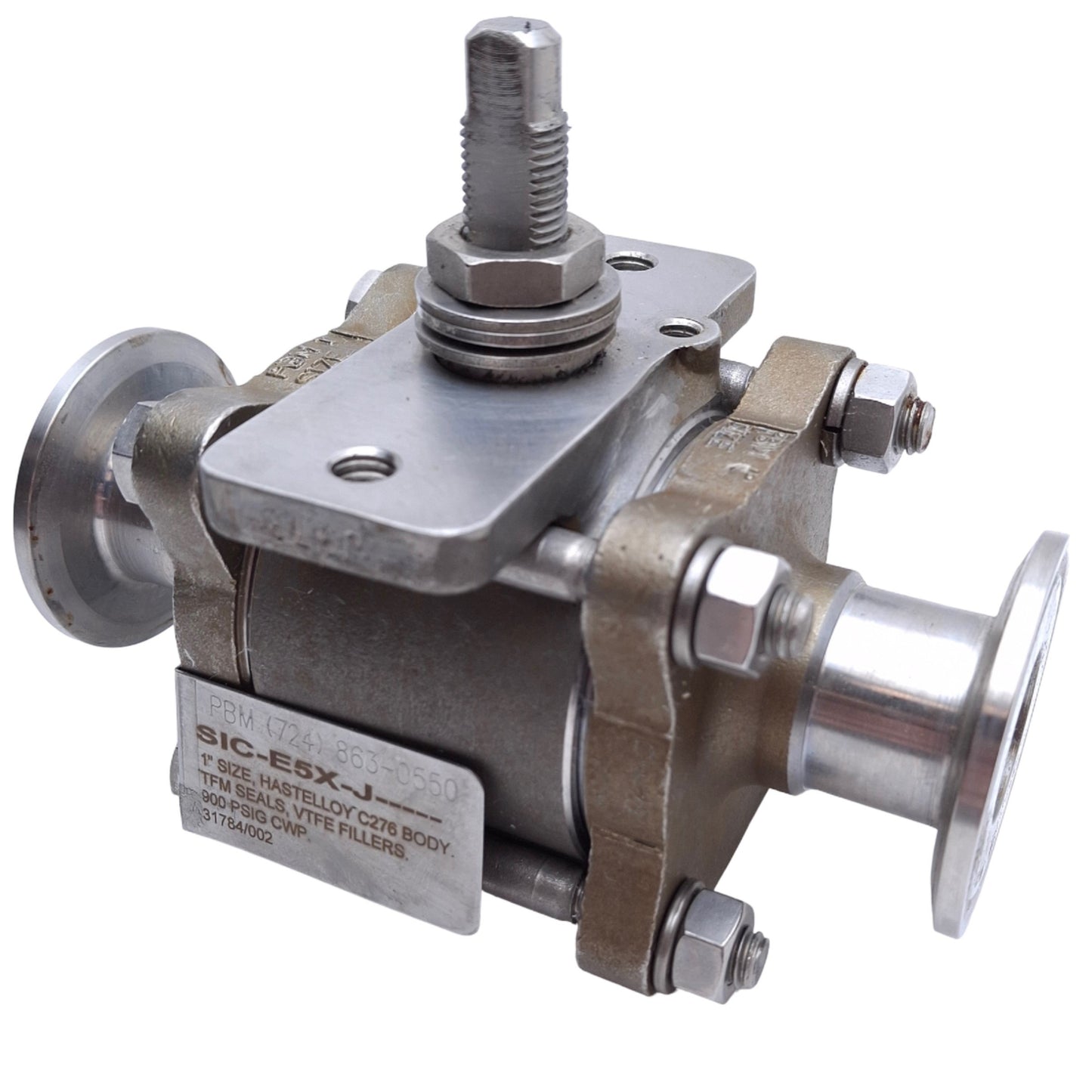 Used PBM SIC-E5X-J Hastelloy Ball Valve 1in Size, 900PSIG Max, 1in Tri-Clamp