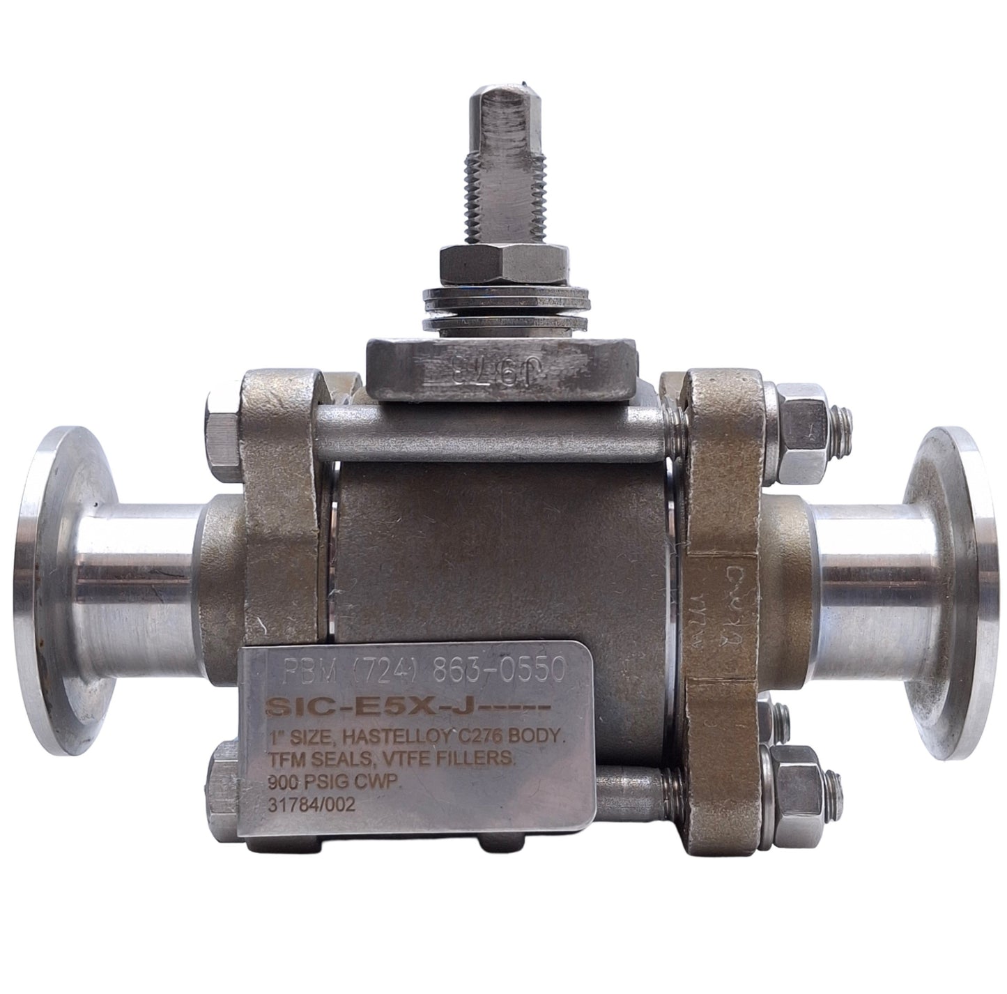 Used PBM SIC-E5X-J Hastelloy Ball Valve 1in Size, 900PSIG Max, 1in Tri-Clamp