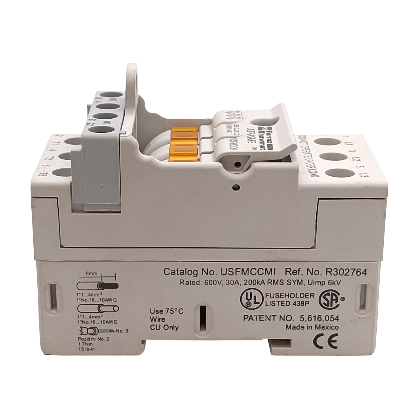 New – Open box Ferraz Shawmut USFMCCMI Fuse Holder, 3-Pole, 30A 600V, Class CC Fuses, DIN Rail