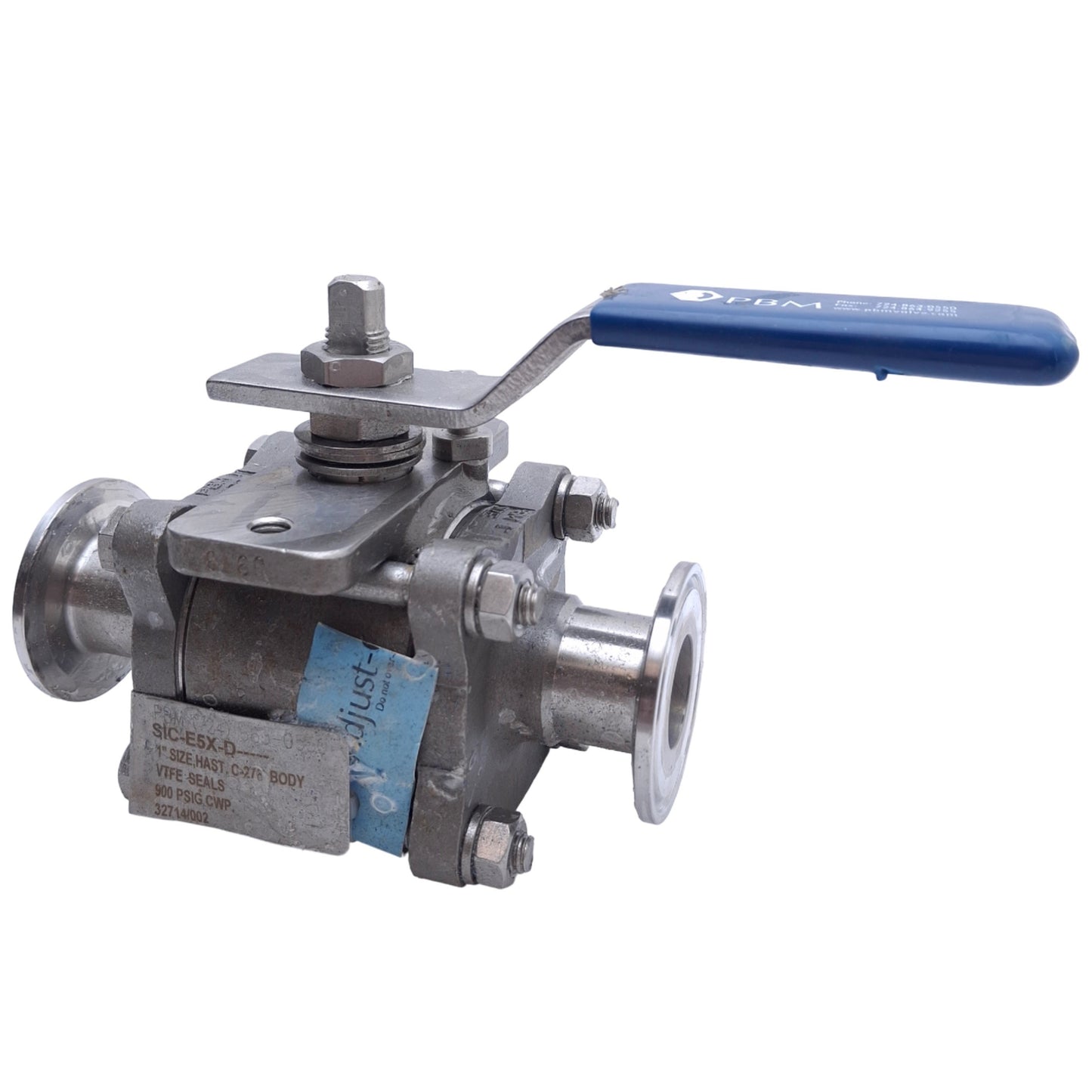 Used PBM SIC-E5X-D Hastelloy Ball Valve 1in Size, 900PSIG Max, 1in Tri-Clamp