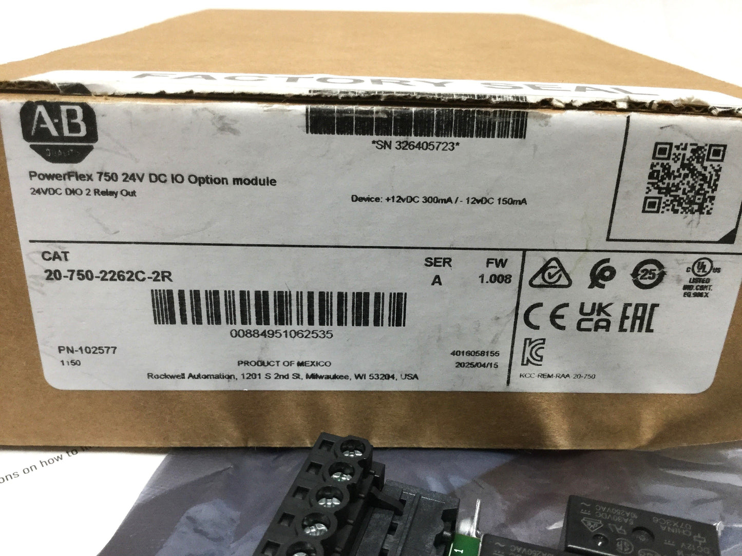 New – Open box Allen Bradley 20-750-2262C-2R PowerFlex Drive I/O Module 24VDC; 2AI-2AO-6DI-2RO
