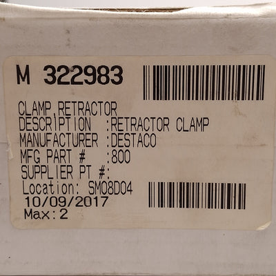 New Destaco 800 Retractor Clamp, 0.5in Stroke, 70-150PSI, 850-1500lbf, 1/4in NPT