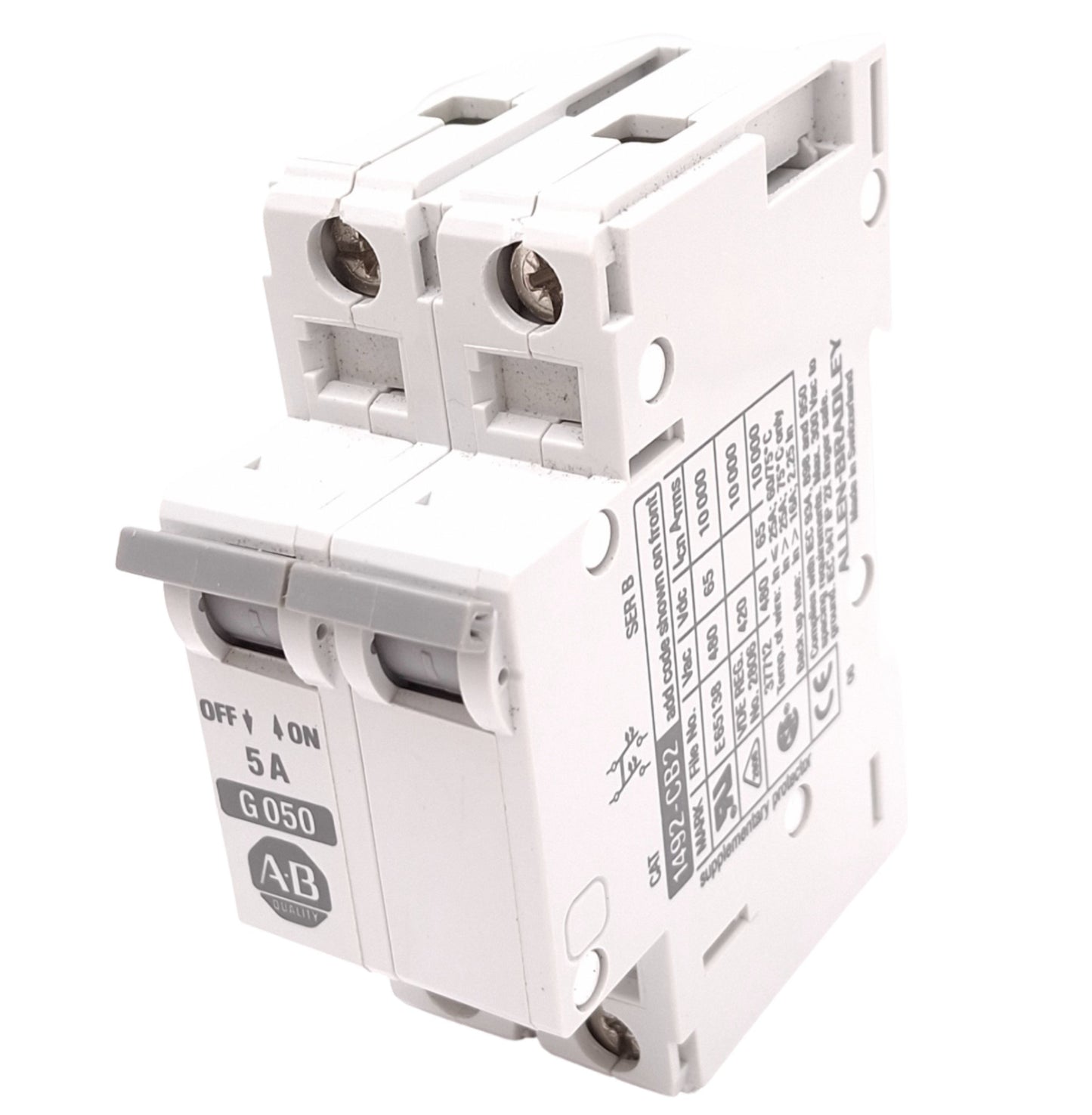 Used Allen Bradley 1492-CB2G050 Circuit Breaker, 2-Pole, 5A, 480VAC/65VDC Max