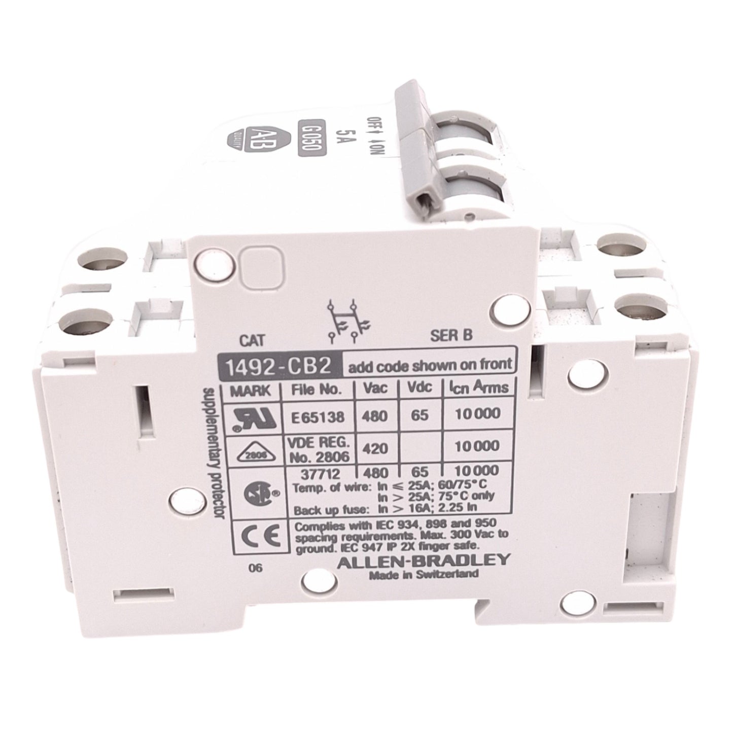 Used Allen Bradley 1492-CB2G050 Circuit Breaker, 2-Pole, 5A, 480VAC/65VDC Max