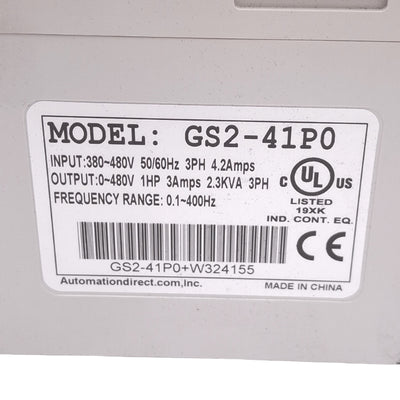Used Automation Direct GS2-41P0 Variable Frequency Drive, 3Ø 0-480V 0.1-400Hz, 1.0hp