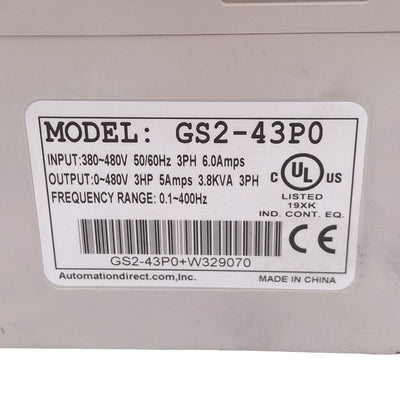 Used Automation Direct GS2-43P0 Variable Frequency Drive, 3Ø 0-480V 0.1-400Hz, 3.0hp