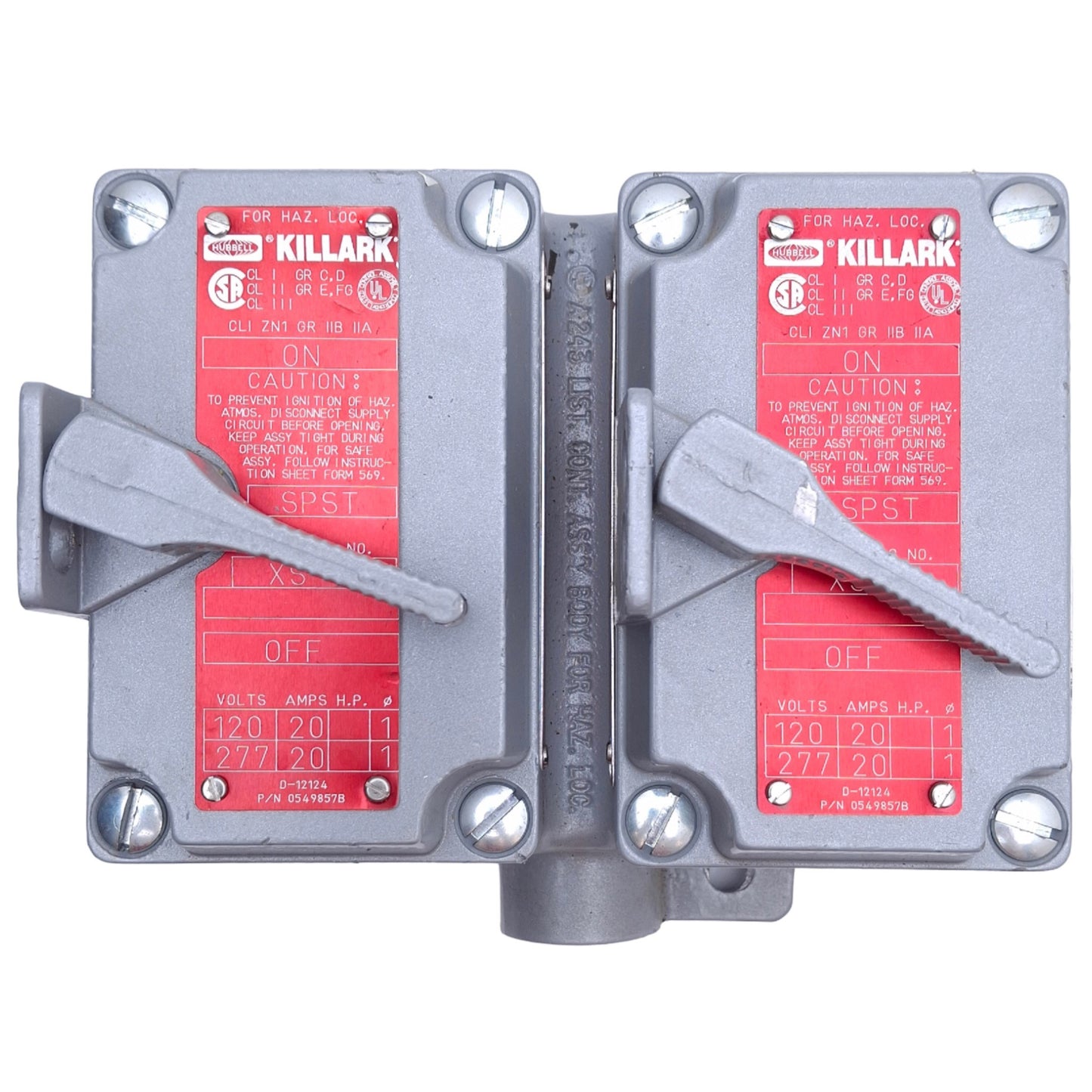 Used Killark XS-1C Double Tumbler Switch Cover w/ Device, SPST 1-Pole, 120/277VAC 20A