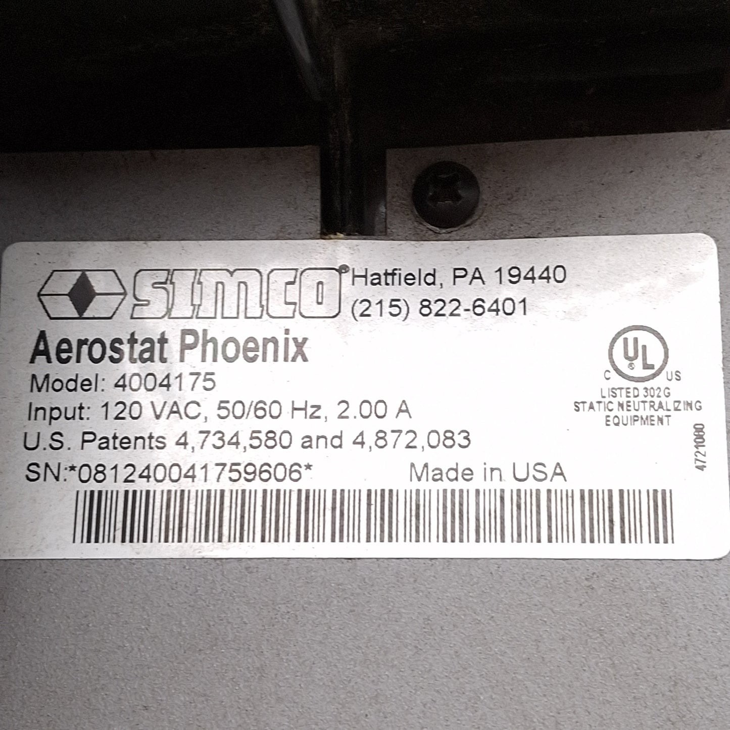 Used Simco 4004175 Aerostat Phoenix Ionizing Air Blower 2' x 10' Area, 300cfm, 120VAC