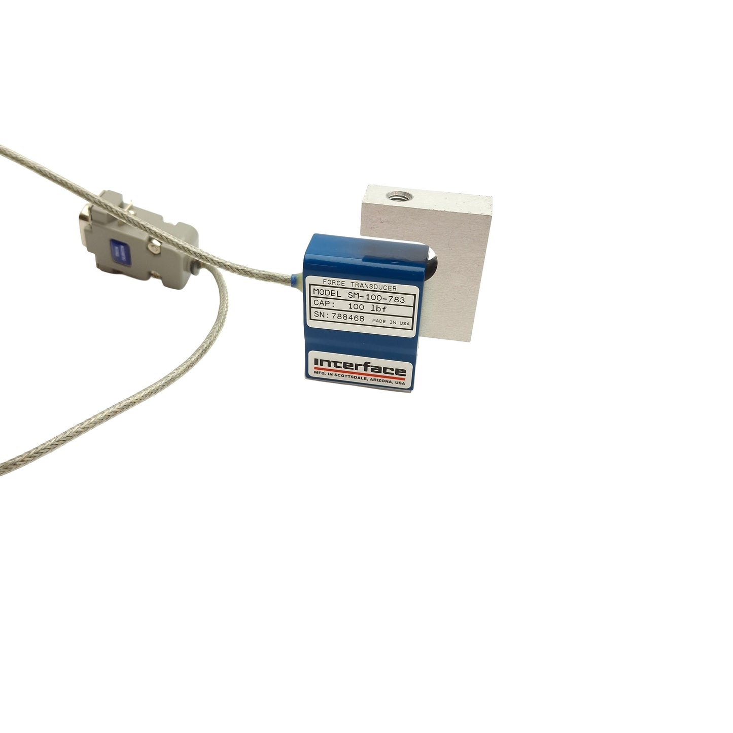 Used Interface SM-100-783 S-Type Load Cell, 100lbf Capacity, 1/4-28 UNF-2B Threading
