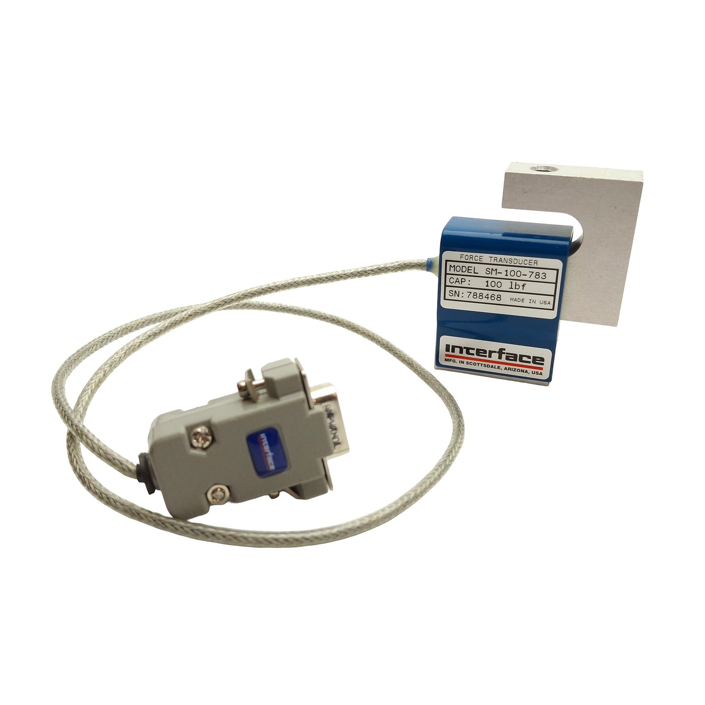 Used Interface SM-100-783 S-Type Load Cell, 100lbf Capacity, 1/4-28 UNF-2B Threading