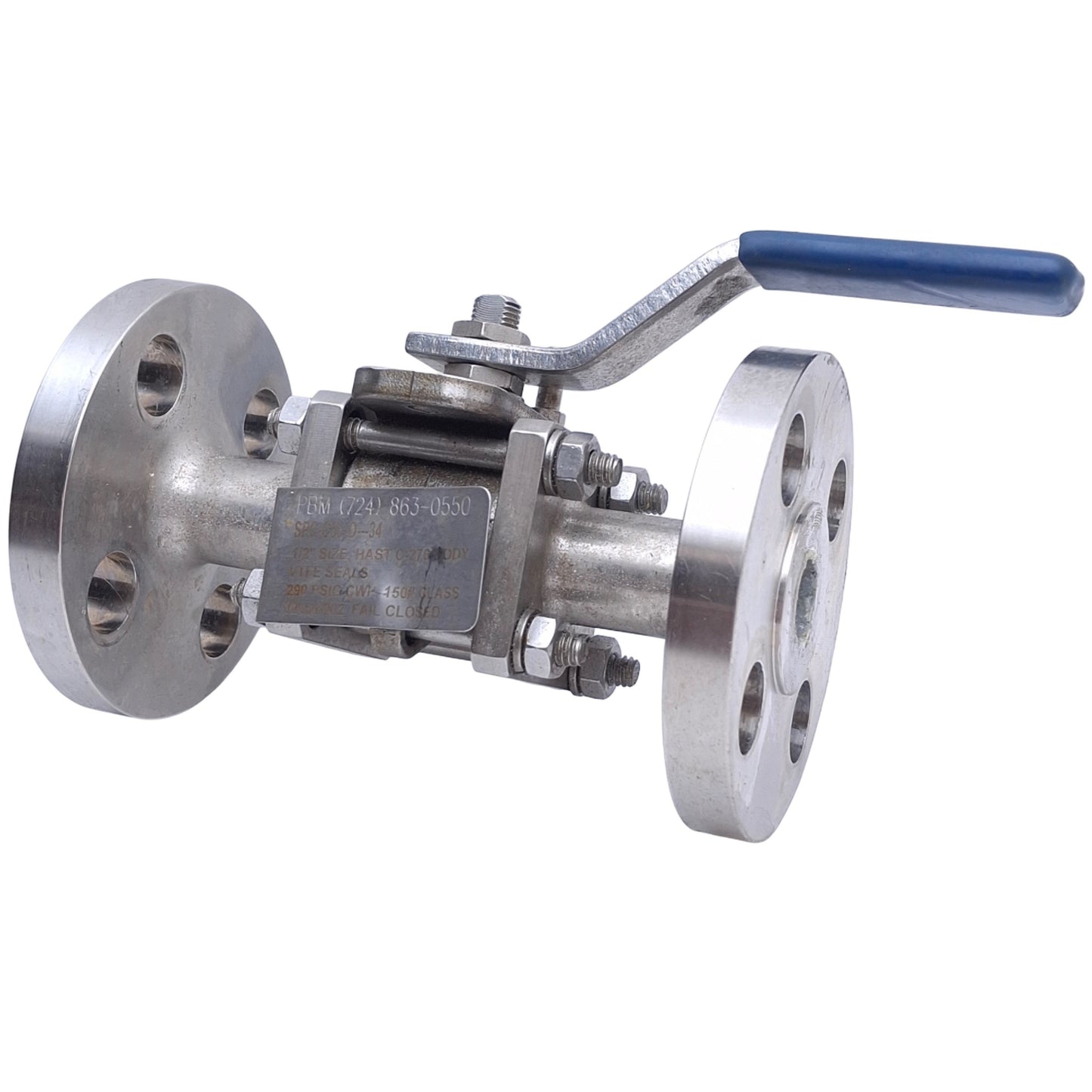 Used PBM SPC-C5L-D35---34 Hastelloy Ball Valve 1/2in Size, 290PSI, ø3.4in OD Flange