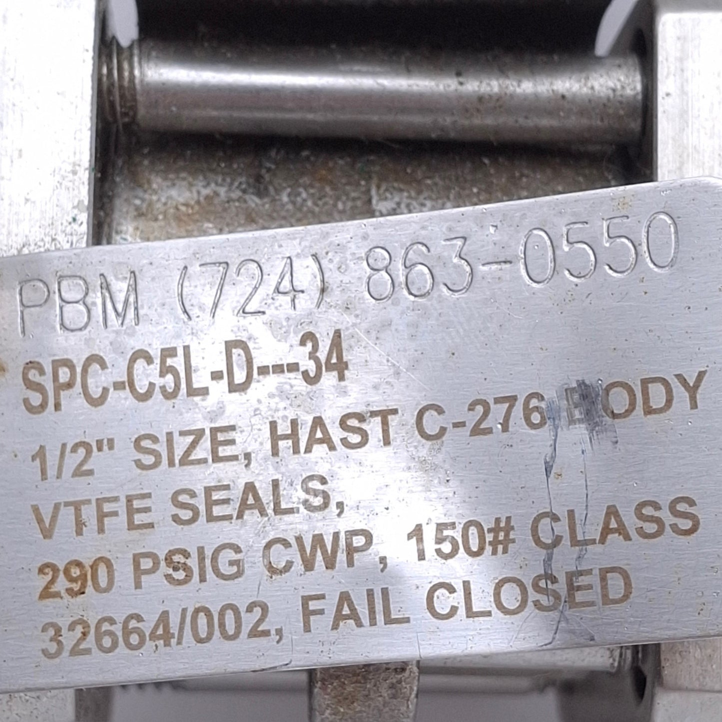 Used PBM SPC-C5L-D35---34 Hastelloy Ball Valve 1/2in Size, 290PSI, ø3.4in OD Flange