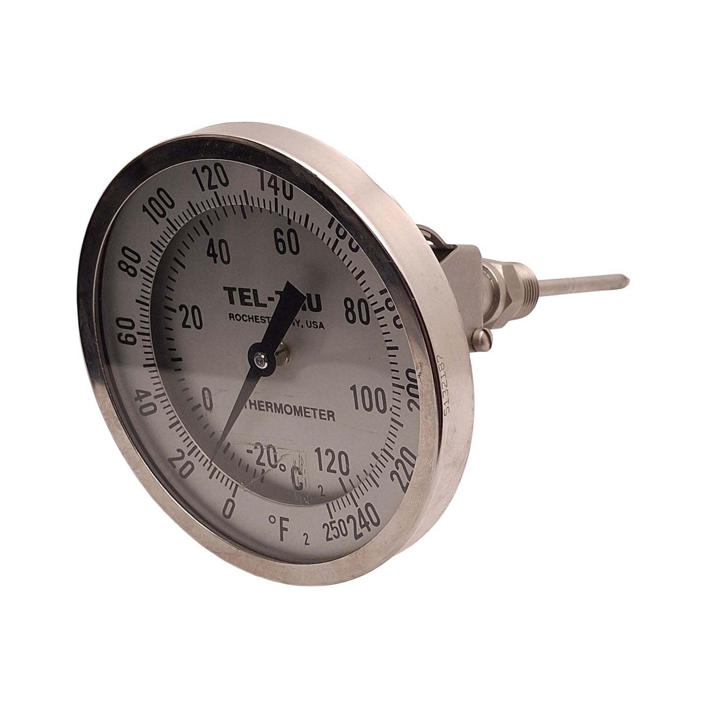 Used Tel-Tru Thermometer, 4.50in Dial, 0~250°F/-20~120°C Range, 1/2in NPT, 3in Stem