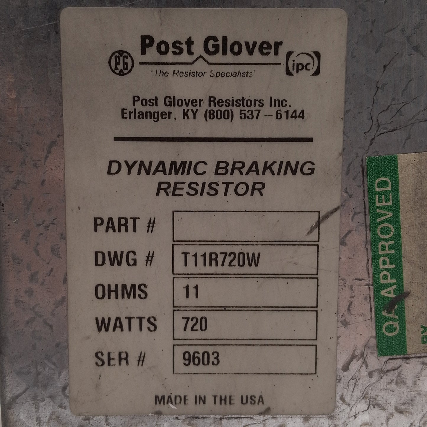 Used Post Glover T11R720W Dynamic Breaking Resistor For PowerFlex Drives, 11Ω 720W