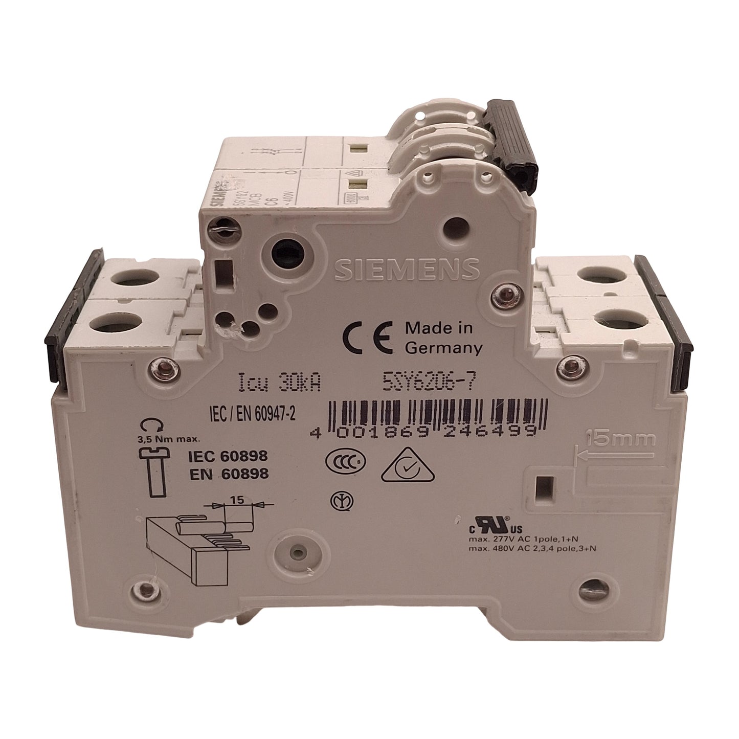 Used Siemens 5SY6206-7 Circuit Breaker, 2-Pole, 6A 400VAC, C-Curve, DIN Rail
