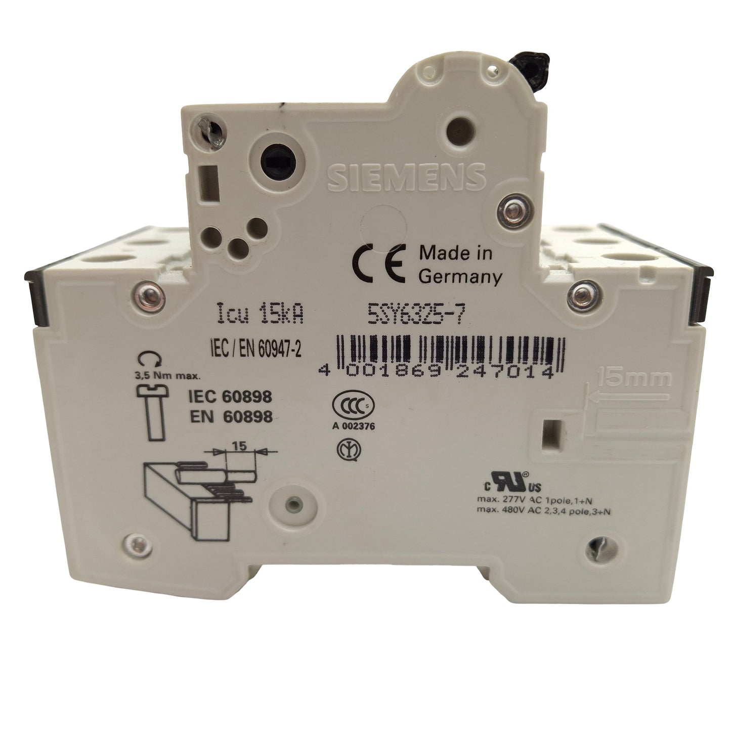 Used Siemens 5SY6325-7 Miniature Circuit Breaker, 3-Pole, 25A 400VAC, C Curve