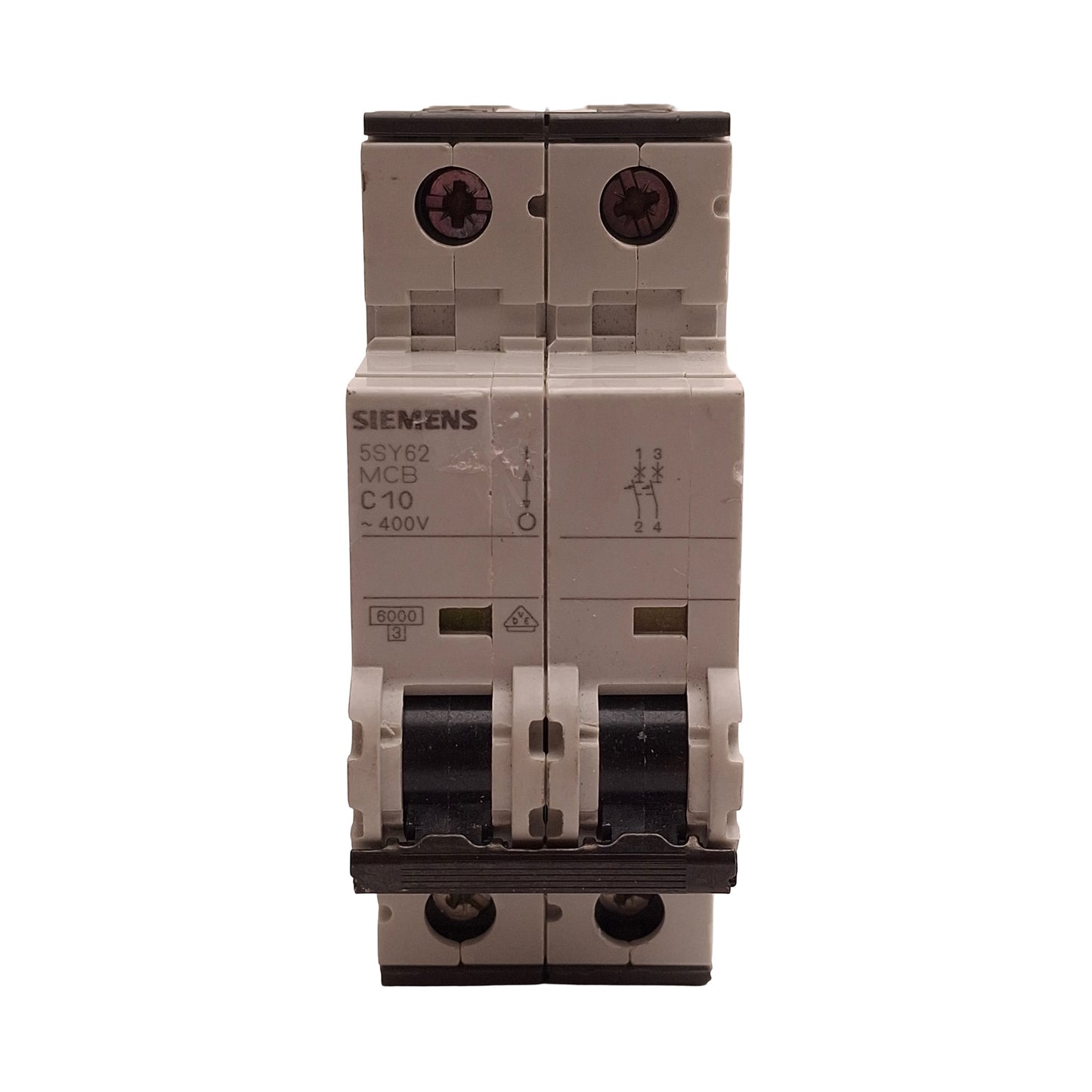 Used Siemens 5SY6210-7 Circuit Breaker, 2-Pole, 10A 400VAC, C-Curve, DIN Rail