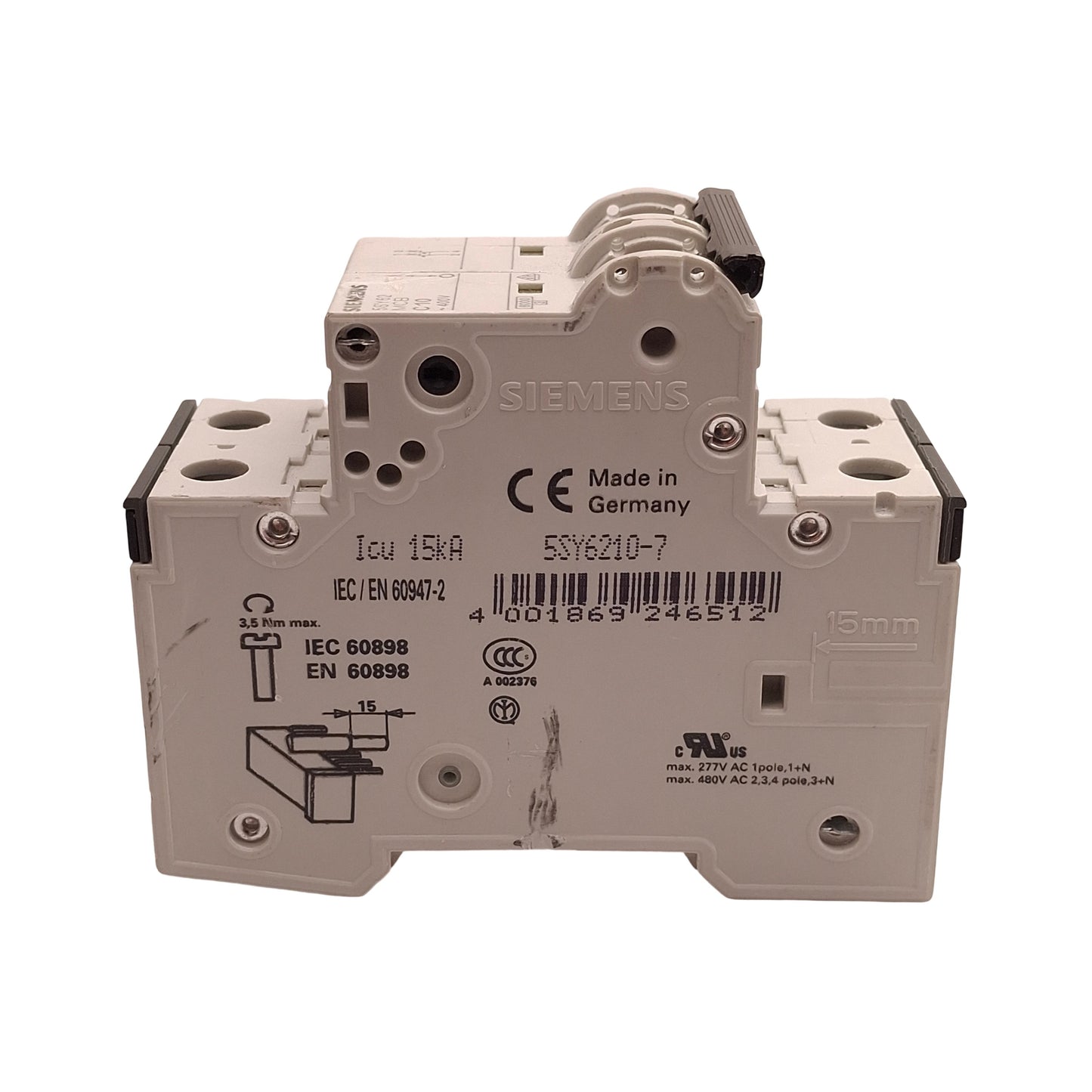 Used Siemens 5SY6210-7 Circuit Breaker, 2-Pole, 10A 400VAC, C-Curve, DIN Rail