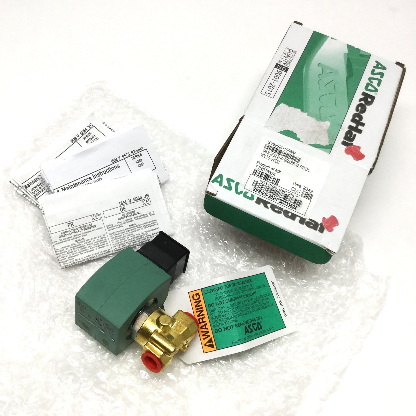 New ASCO SV8262H109NV Red-Hat Brass Solenoid Valve, Oxygen 610psi, 1/4" NPT 24VDC