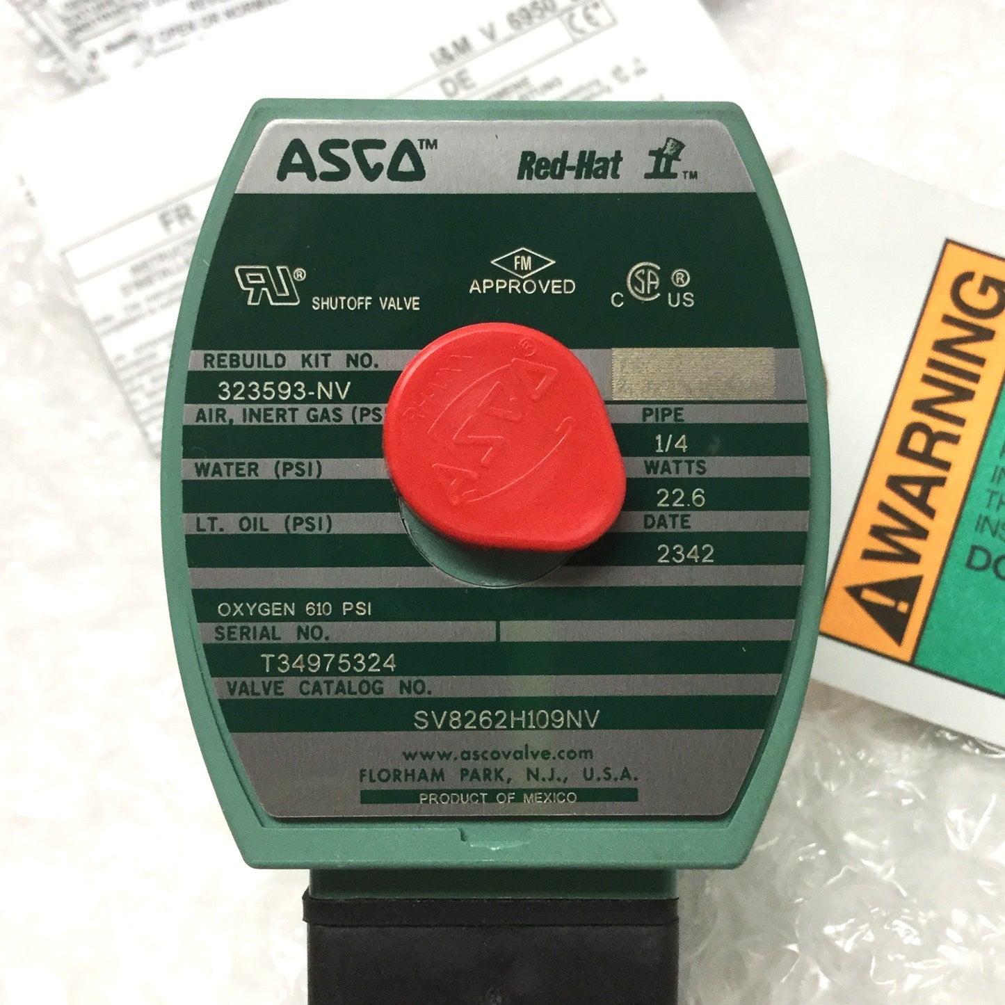 New ASCO SV8262H109NV Red-Hat Brass Solenoid Valve, Oxygen 610psi, 1/4" NPT 24VDC