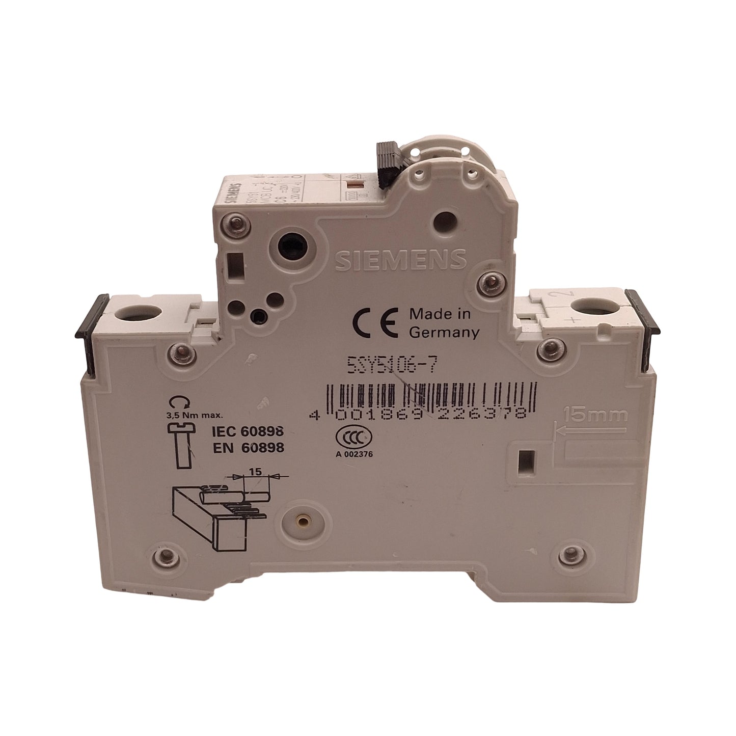 Used Siemens 5SY5106-7 Circuit Breaker, 1-Pole, 6A 230/400VAC, C-Curve, DIN Rail