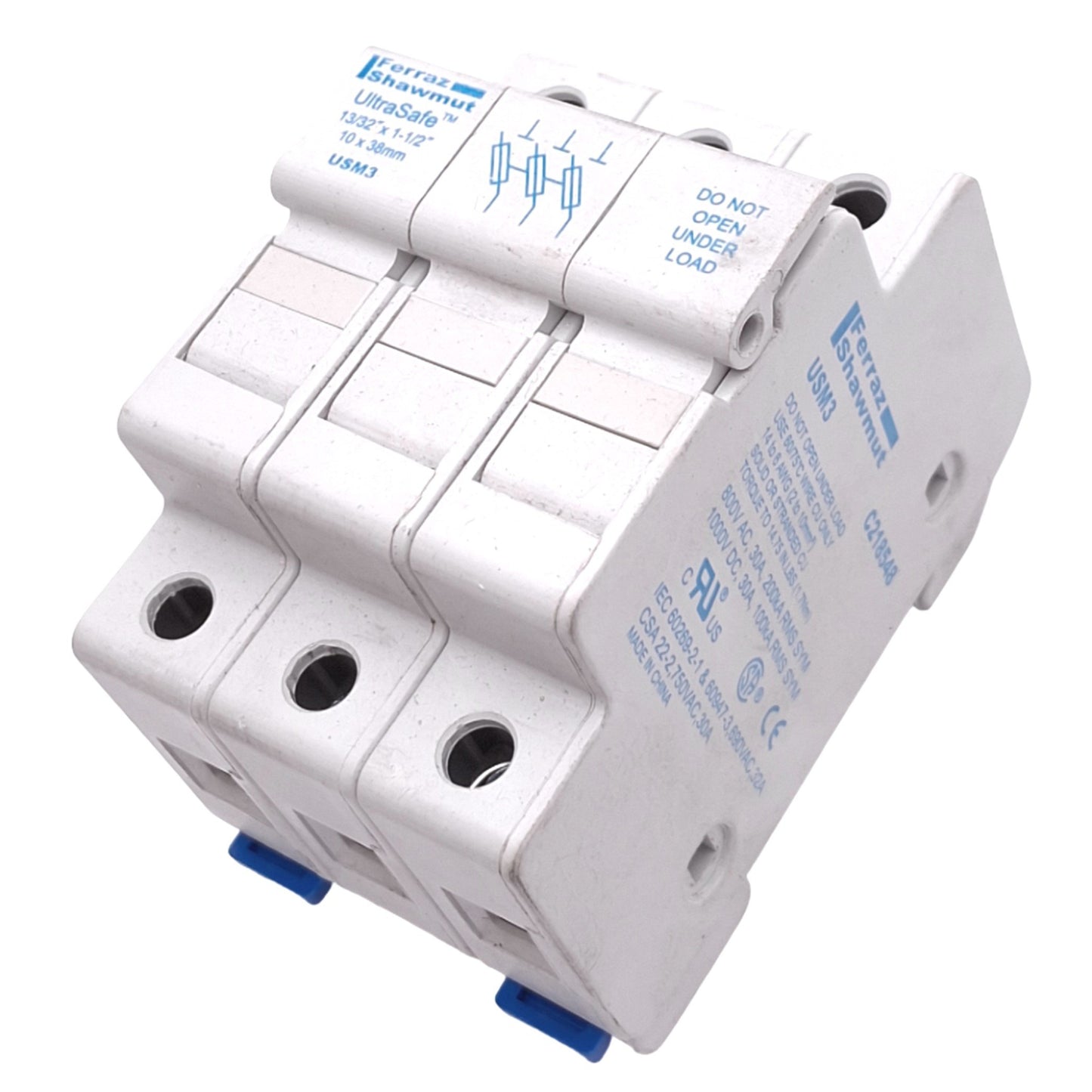 Used Ferraz Shawmut USM3 Midget Fuse Holder, 3-Pole, 10x38mm, 800VAC 30A Max