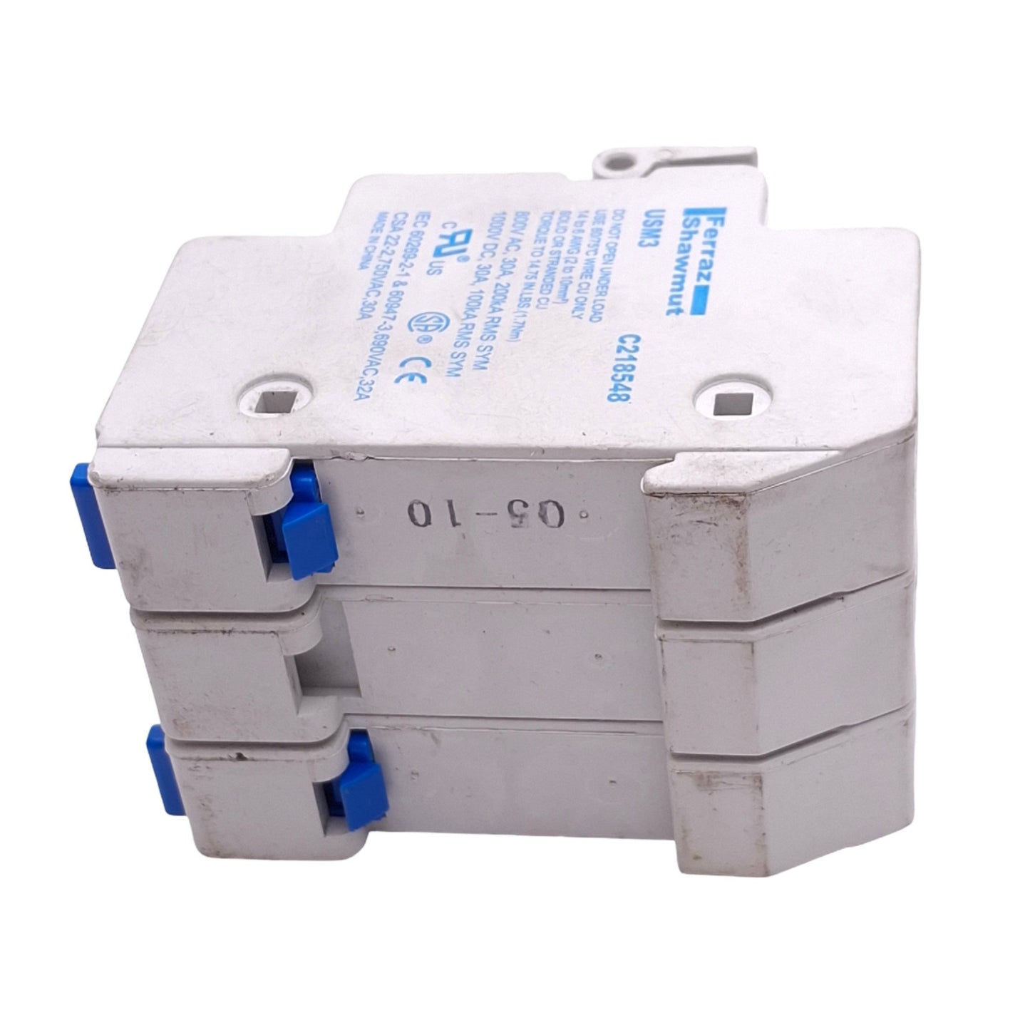 Used Ferraz Shawmut USM3 Midget Fuse Holder, 3-Pole, 10x38mm, 800VAC 30A Max