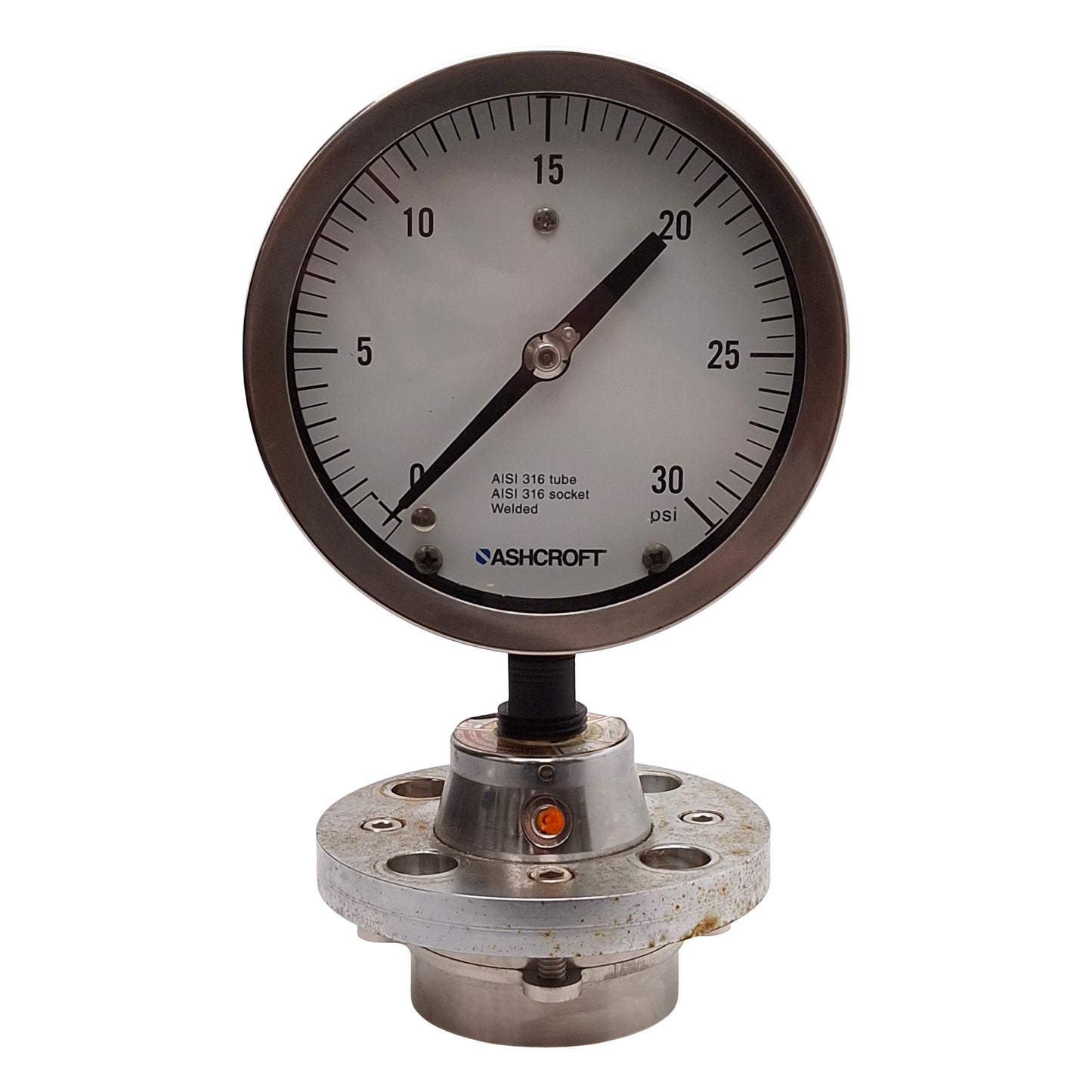 Used Ashcroft C1215 Diaphragm Seal Pressure Gauge, ø5in Face, 0-30PSI, ø2.5in Flange