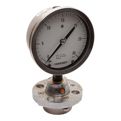 Used Ashcroft C1215 Diaphragm Seal Pressure Gauge, ø5in Face, 0-30PSI, ø2.5in Flange