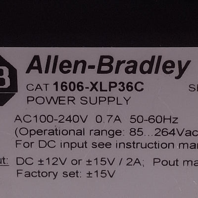 Used Allen Bradley 1606-XLP36C Power Supply, 100-240VAC In, 12/15VDC 2A Out, DIN Rail