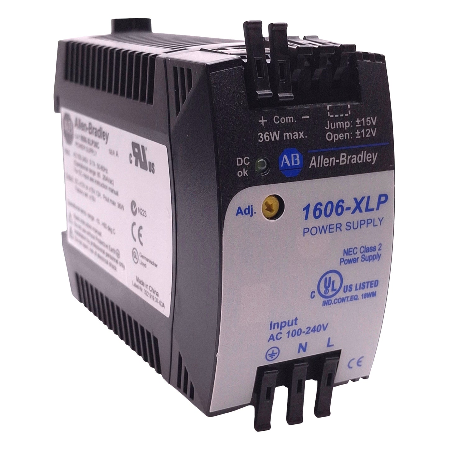 Used Allen Bradley 1606-XLP36C Power Supply, 100-240VAC In, 12/15VDC 2A Out, DIN Rail