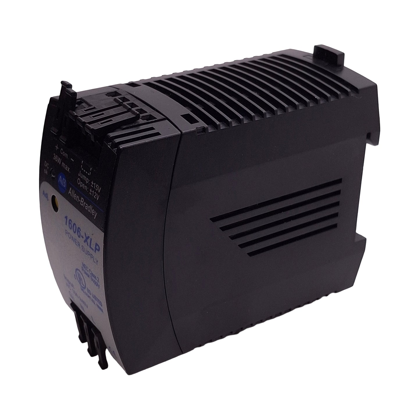 Used Allen Bradley 1606-XLP36C Power Supply, 100-240VAC In, 12/15VDC 2A Out, DIN Rail