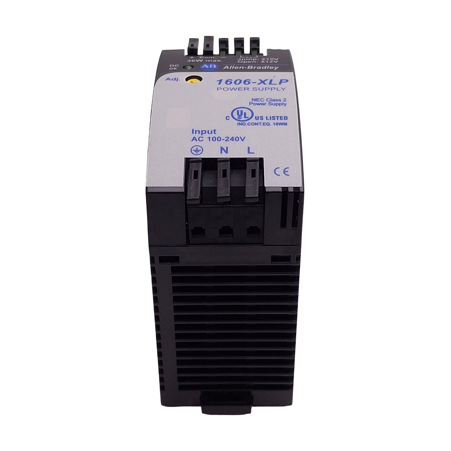 Used Allen Bradley 1606-XLP36C Power Supply, 100-240VAC In, 12/15VDC 2A Out, DIN Rail