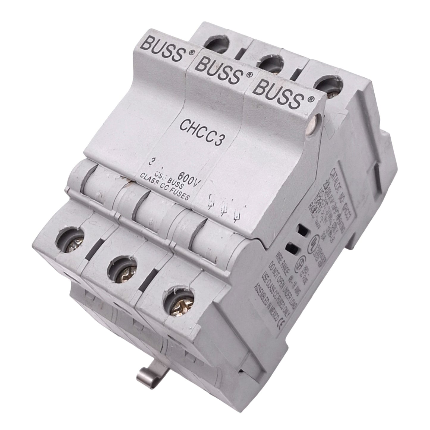 Used Eaton Bussmann CHCC3 Fuse Holder Block, 3-Pole, Class CC, 30A 600VAC/DC Max