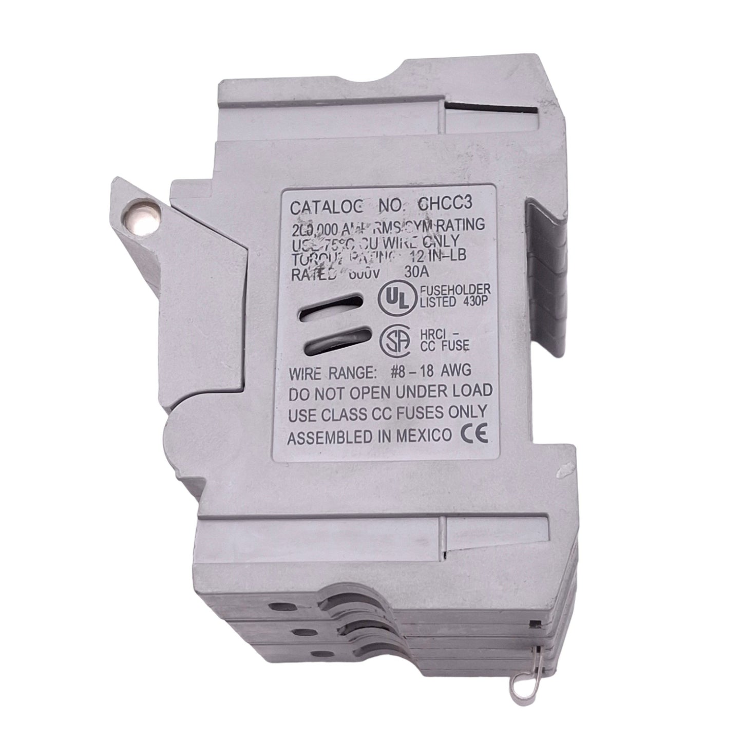 Used Eaton Bussmann CHCC3 Fuse Holder Block, 3-Pole, Class CC, 30A 600VAC/DC Max